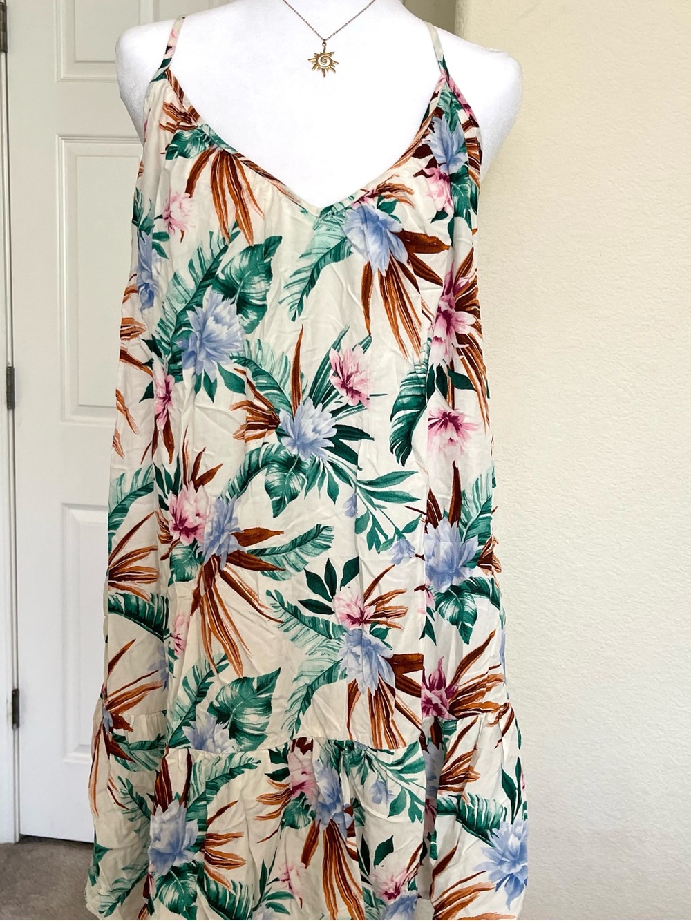 Shade & Shore Cream Tropical Floral Mini Dress with Green and Brown Leaves
